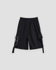Black cargo shorts from the side with a ring, a short chain and a long hanging strap