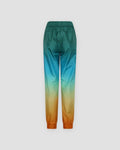 Back of the gradient jogger pants laid flat, with an elastic waistband and orange gathered cuffs