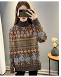Coffee brown high-neck jacquard knit sweater, front view, with mushroom trees and blue figures near the hem