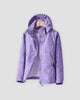 Light purple leaf-print hooded windbreaker with a black collar tab and hook-and-loop cuffs, shown on a hanger