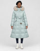 Model wearing the mint long puffer coat with a khaki fluffy hood trim and a tie belt, front view