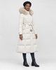 Model wearing the white long puffer coat with a khaki fluffy hood trim and a tie belt, three-quarter view