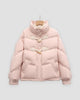 Pink short puffer jacket with chevron quilting, a stand collar and two horn toggles on cord loops, on a hanger