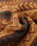 Close-up of the mustard, brown and green knit pattern