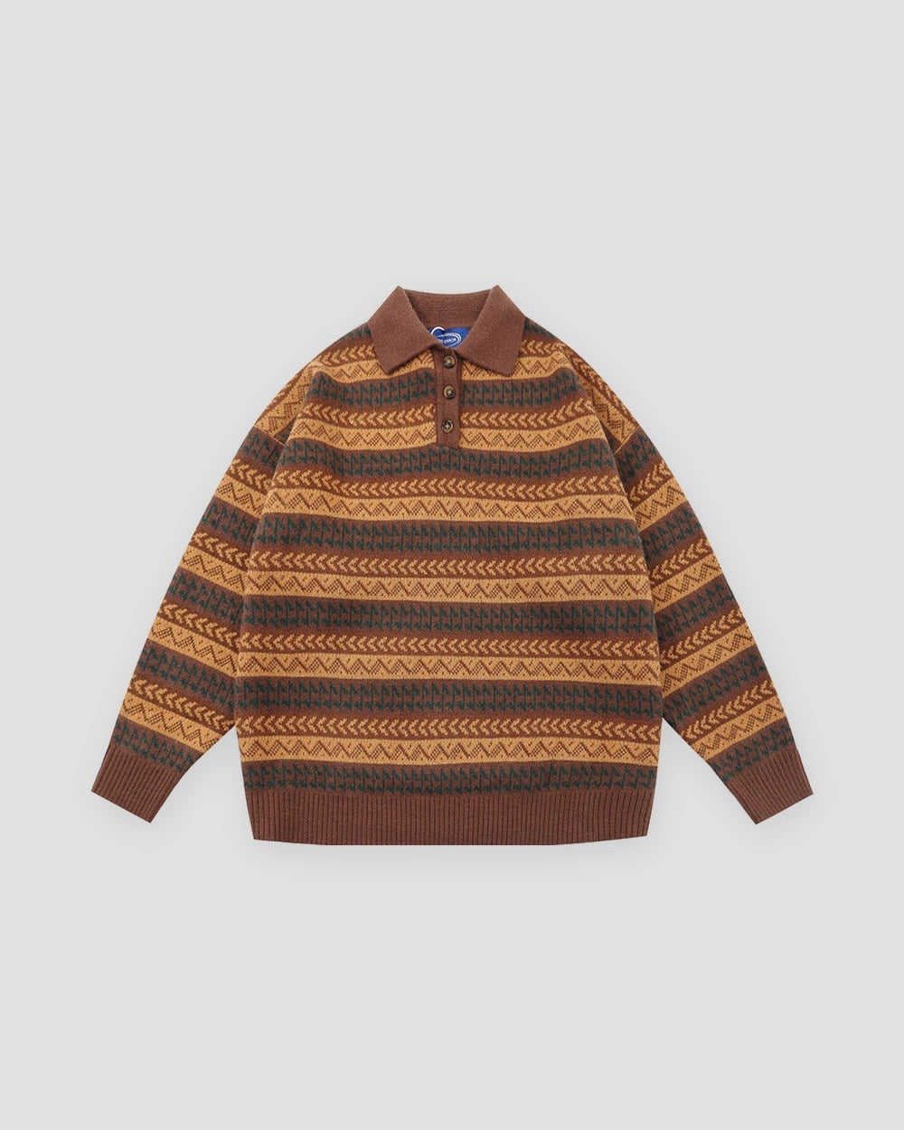 Knit polo sweater in mustard and brown zigzag stripes with a brown collar, front view