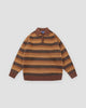 Knit polo sweater in mustard and brown zigzag stripes with a brown collar, front view