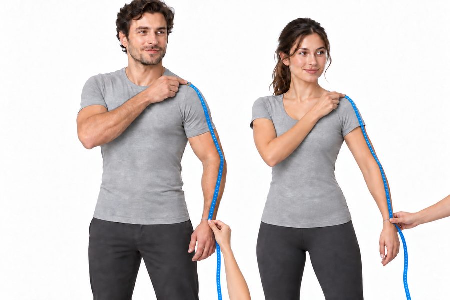 A man and a woman measuring from the shoulder point down the outside of the arm to the wrist
