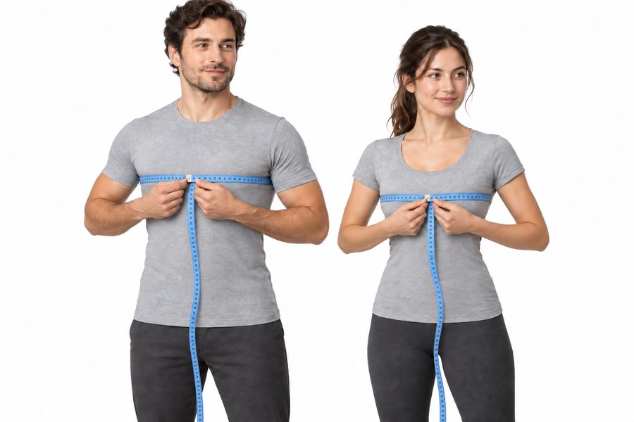 A man and a woman each holding a tape measure level around the fullest part of the chest, under the arms