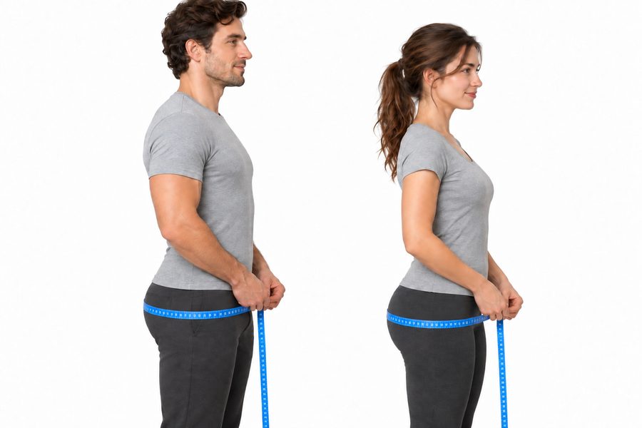 Side view of a man and a woman measuring around the fullest part of the hips and seat