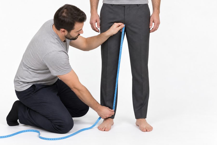 A kneeling helper measuring a man's inside leg from the crotch seam down to the ankle