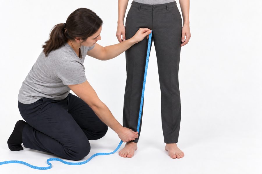 A kneeling helper measuring a woman's inside leg from the crotch seam down to the ankle