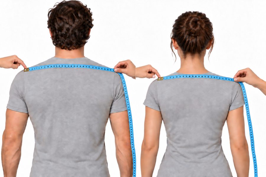 Back view of a man and a woman, with a helper measuring across the upper back from one shoulder point to the other