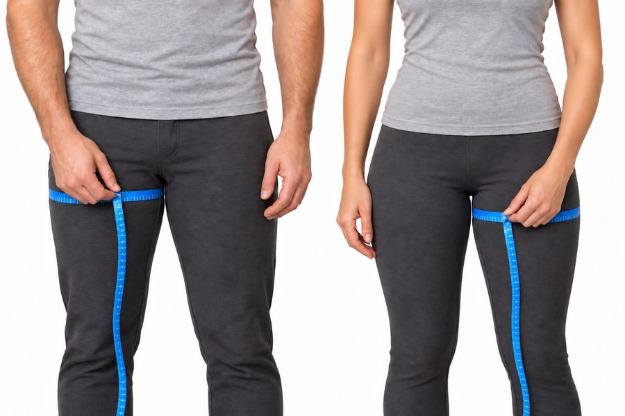 A man and a woman each measuring around one upper thigh, just below the crotch