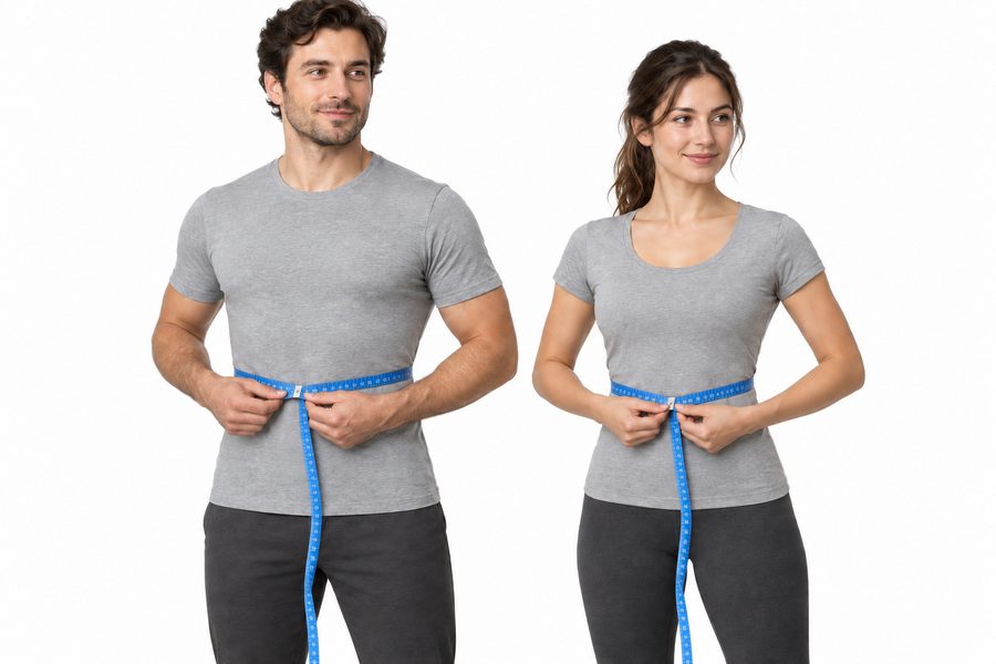 A man and a woman each holding a tape measure level around the waist