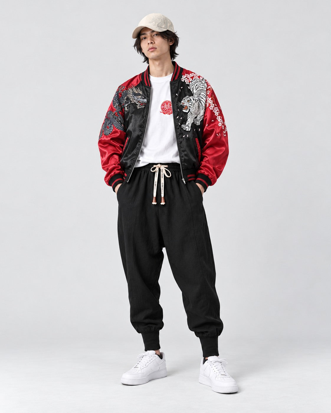 Crimson contrast outfit: red Tiger and Dragon jacket, white Dragon Seal T-shirt, black harem pants and a light dragon cap