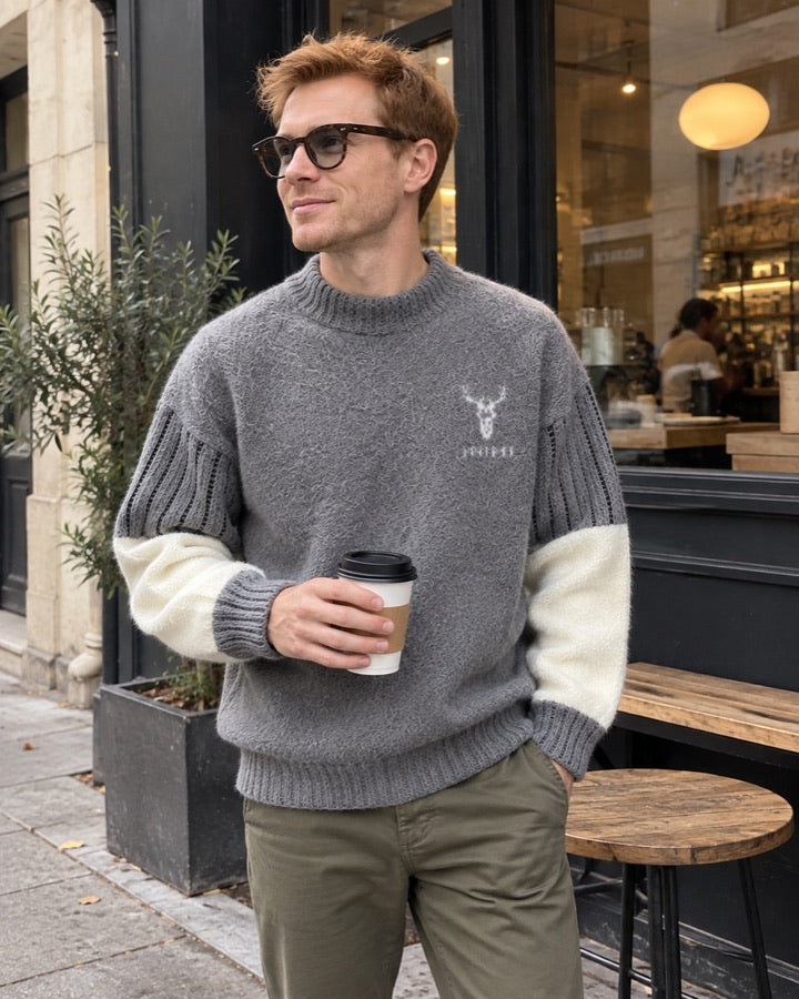 Stag Motif Color Block Fuzzy Sweater styled for an everyday setting.