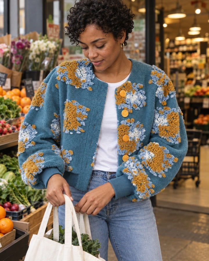 Women's Cropped Flower Jacket with Raised Patches and Gold Buttons styled for an everyday setting.
