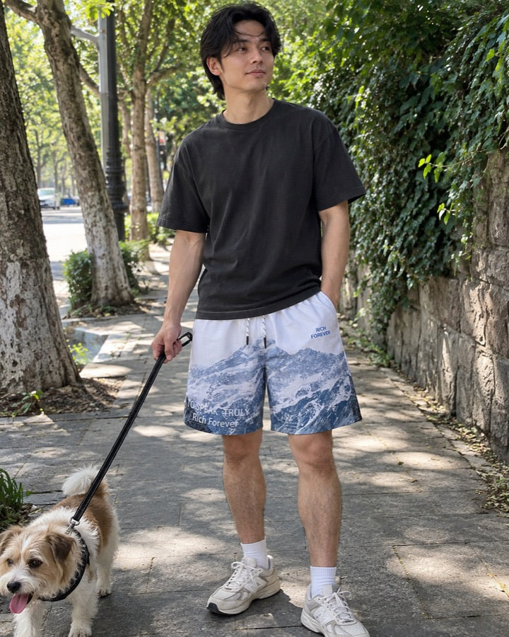 Snowy Mountain Print Shorts styled for an everyday setting.