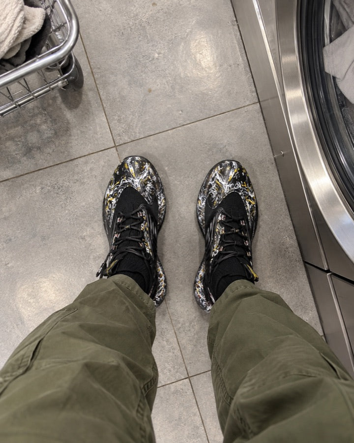 Marble Print High-Top Knit Sneakers styled for an everyday setting.