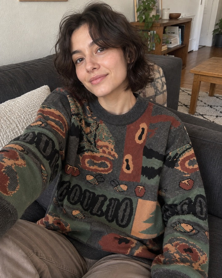 Teddy Bear Patchwork Jacquard Sweater styled for an everyday setting.