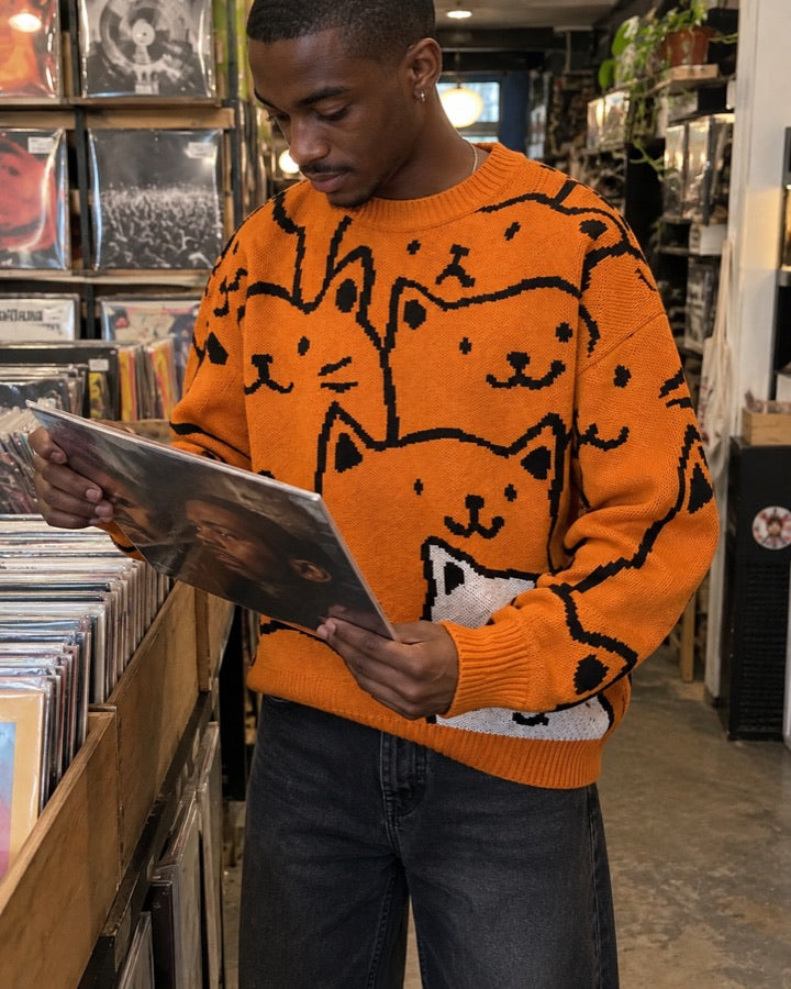 Men's Cat Face Jacquard Knit Sweater styled for an everyday setting.