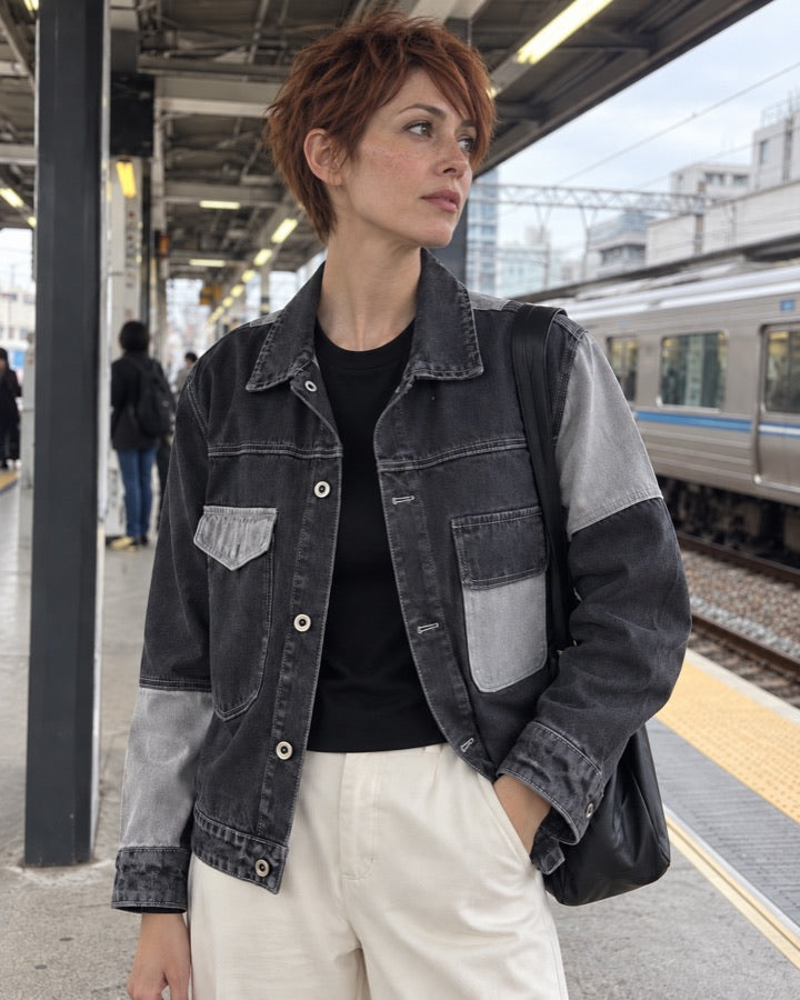 Two-Tone Patchwork Denim Jacket styled for an everyday setting.
