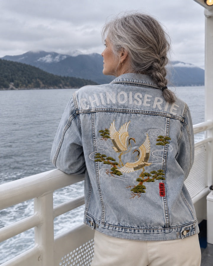 Crane Embroidered Denim Jacket styled for an everyday setting.