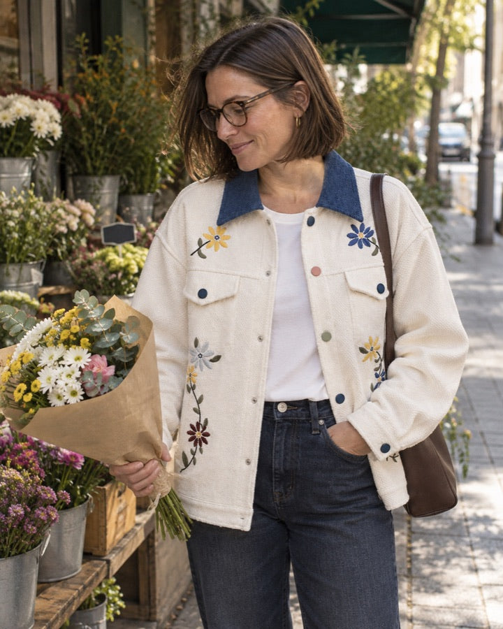 Floral Embroidered Contrast Collar Jacket styled for an everyday setting.