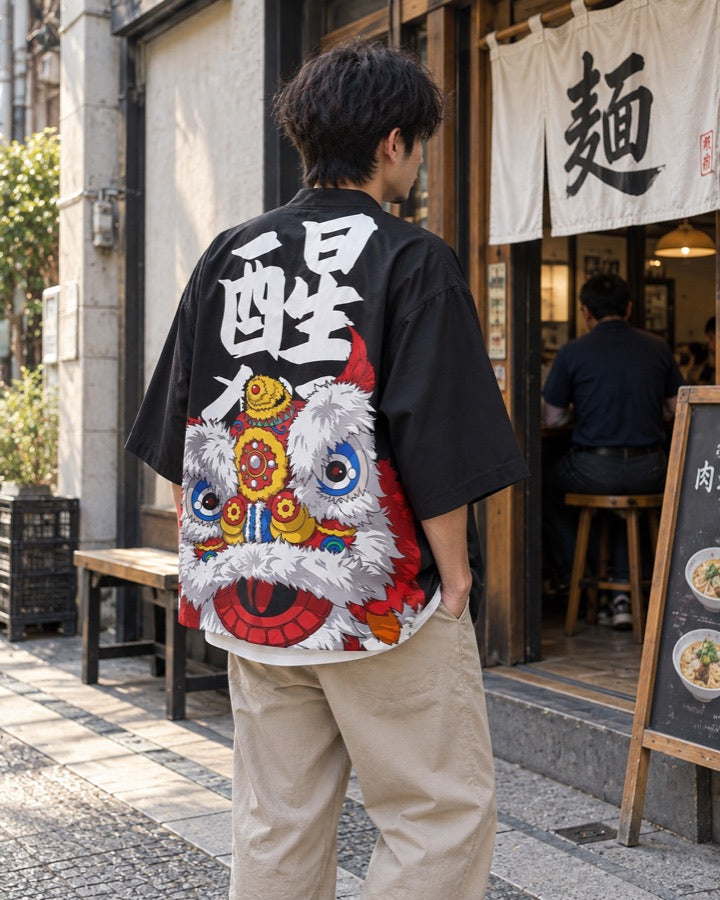 Lion Dance Haori Cardigan with Calligraphy Back Print styled for an everyday setting.