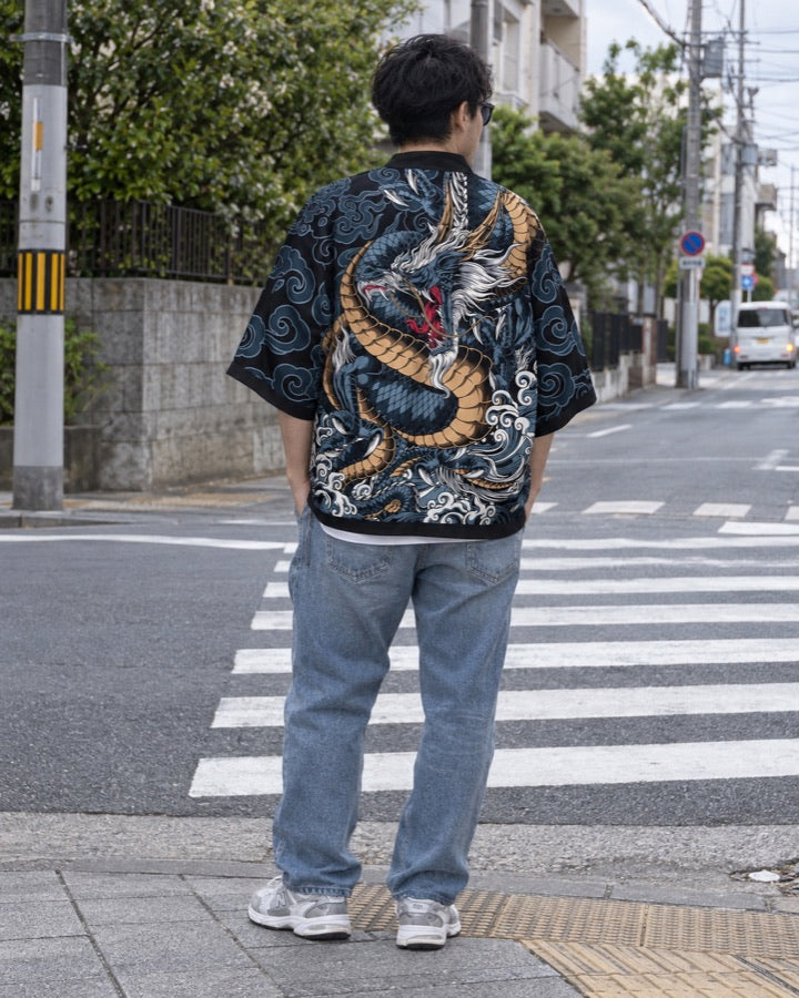 Dragon Haori Cardigan with Full-Back Scaled Dragon Print styled for an everyday setting.