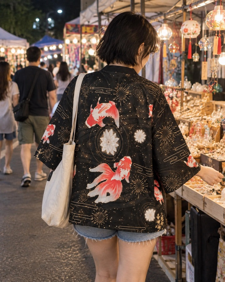 Goldfish and Fireworks Haori Cardigan styled for an everyday setting.