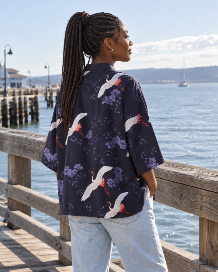 Navy Haori Cardigan with Flying Cranes and Lilac Flowers styled for an everyday setting.