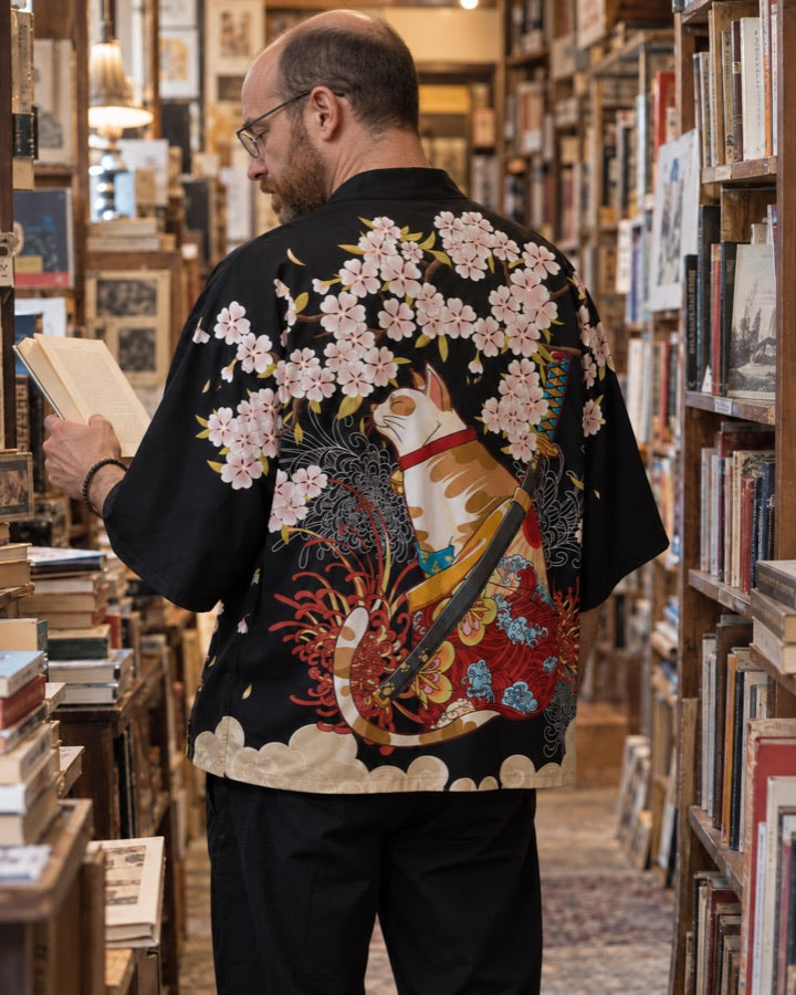Cherry Blossom Cat Haori Cardigan with Katana and Spider Lilies styled for an everyday setting.