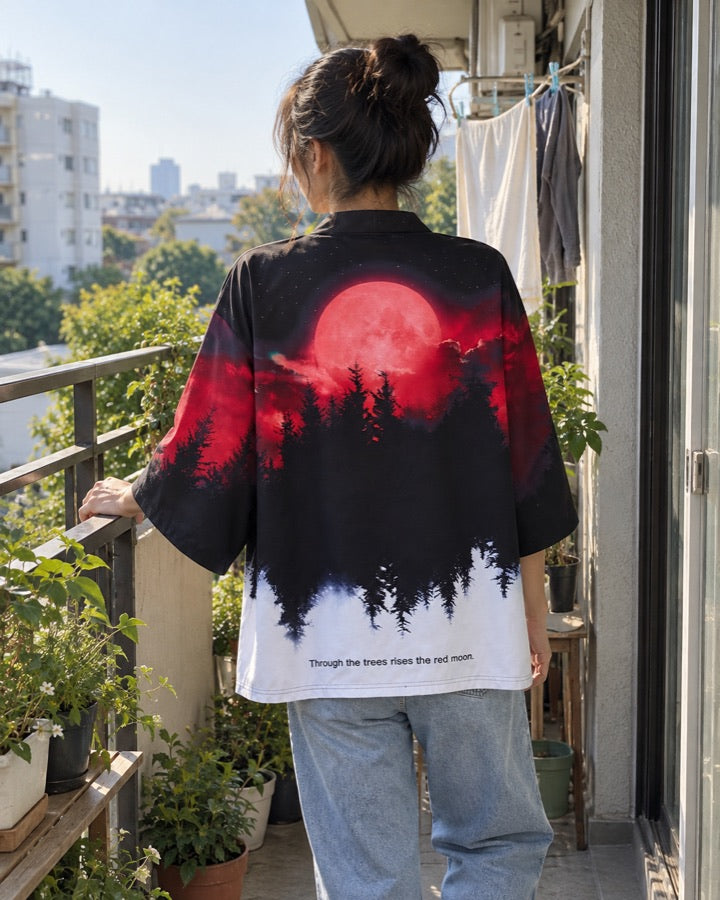 Red Moon and Pine Forest Haori Cardigan Fading to White styled for an everyday setting.