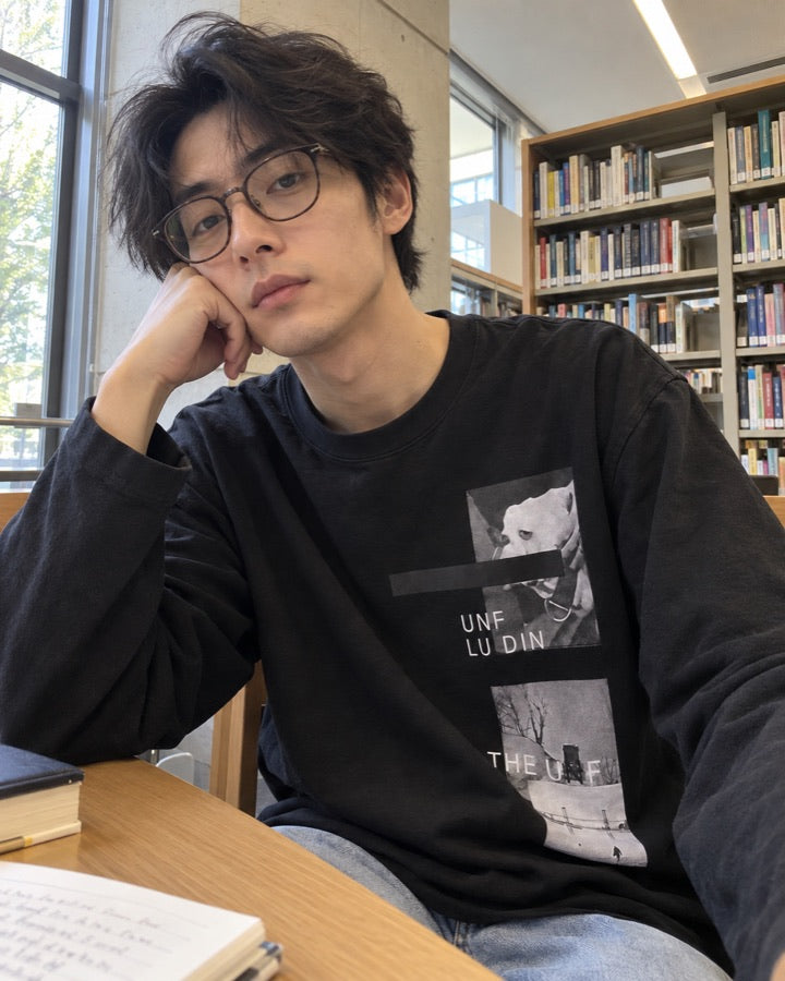 Men's Loose Long Sleeve Graphic Tee with Photo Print styled for an everyday setting.