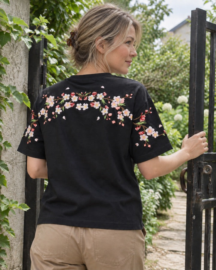 Plum Blossom Embroidered T-Shirt styled for an everyday setting.