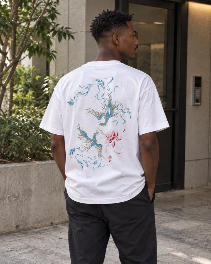 Phoenix and Lotus Print T-Shirt styled for an everyday setting.
