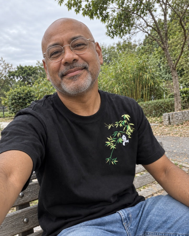 Men's Bamboo and Panda Embroidered T-Shirt styled for an everyday setting.
