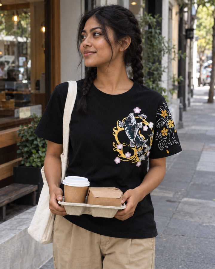 Koi Embroidered T-Shirt with Waves and Plum Blossoms styled for an everyday setting.
