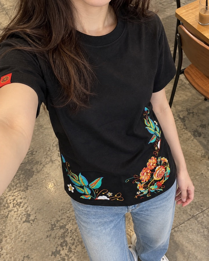 Rose Hem Embroidered Cotton T-Shirt styled for an everyday setting.