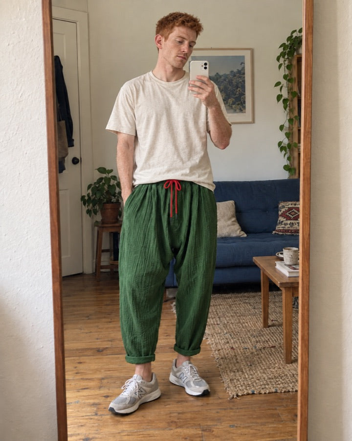 Men's Crinkled Cotton-Linen Harem Pants with Red Drawcord styled for an everyday setting.