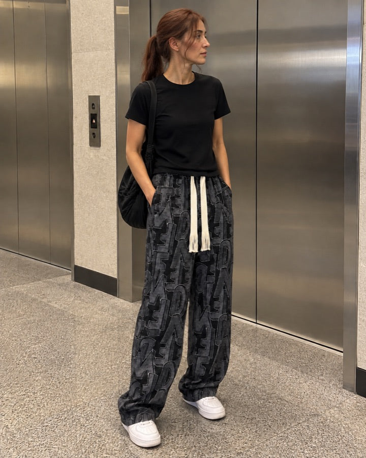 Outline Letter Corduroy Wide-Leg Pants styled for an everyday setting.