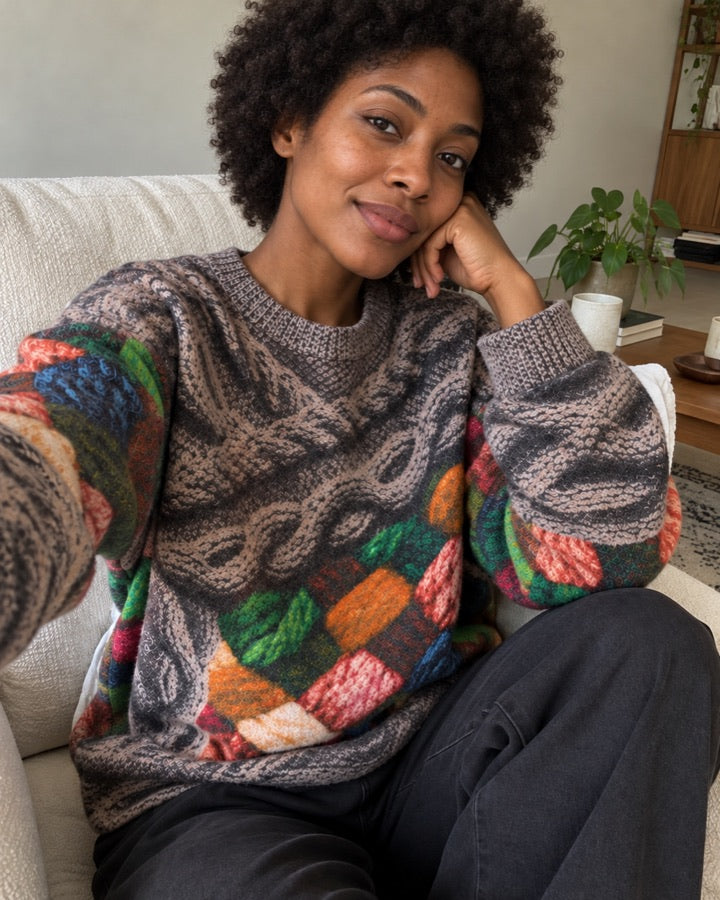 Yarn Patchwork Cable Print Sweater styled for an everyday setting.