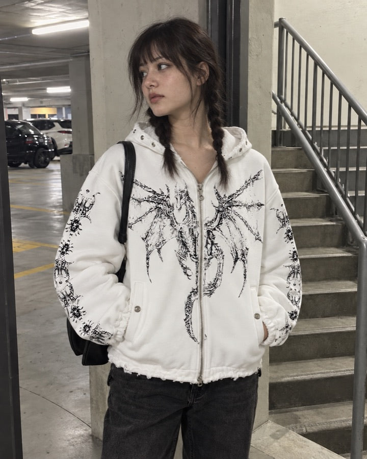 Winged Dragon Studded Zip Hoodie styled for an everyday setting.