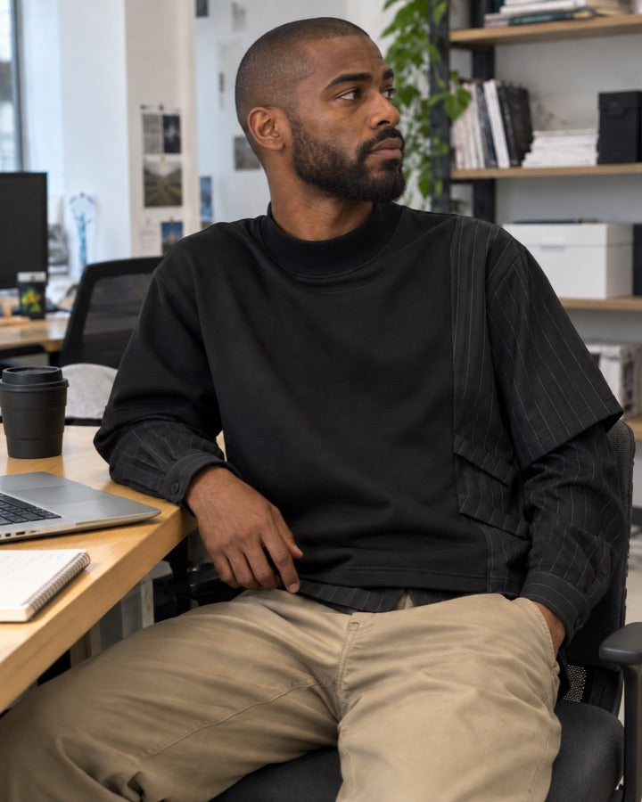Pinstripe Layered Mock Neck Sweatshirt styled for an everyday setting.