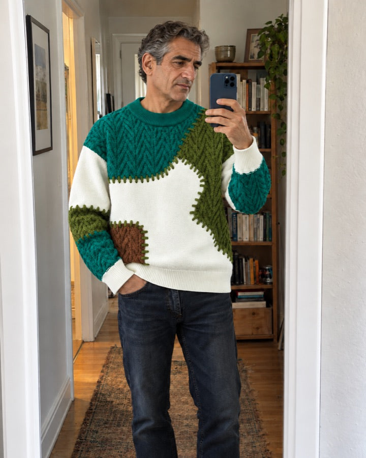 Patchwork Cable Knit Sweater styled for an everyday setting.